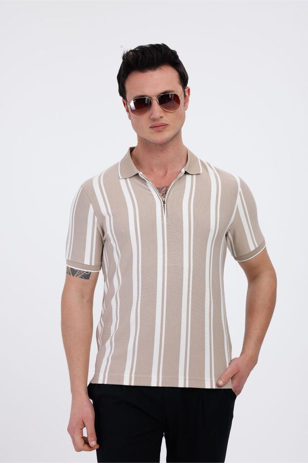 LUXOR Polo Yaka Çizgili Pamuklu Tişört - Bej - Decas