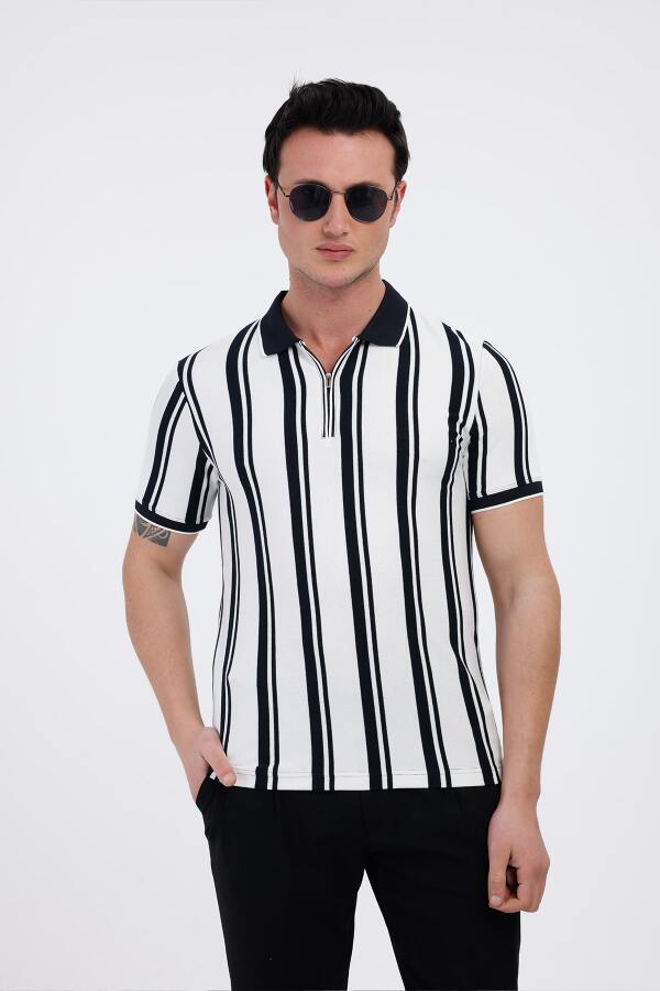 LUXOR Polo Yaka Çizgili Pamuklu Tişört - Beyaz - Decas
