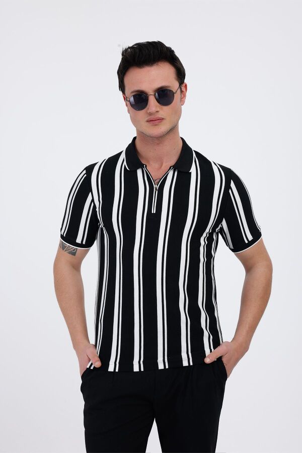 LUXOR Polo Yaka Çizgili Pamuklu Tişört - Siyah - Decas