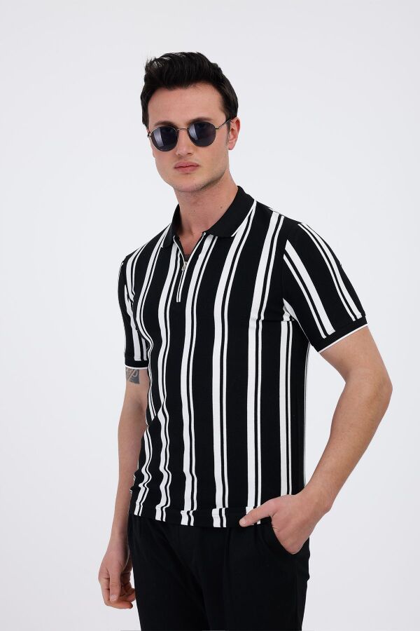 LUXOR Polo Yaka Çizgili Pamuklu Tişört - Siyah - Decas (1)