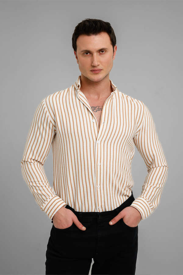 MARINA Uzun Kollu Çizgili Gömlek - Bej - Decas