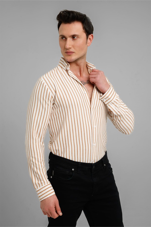 MARINA Uzun Kollu Çizgili Gömlek - Bej - Decas (1)