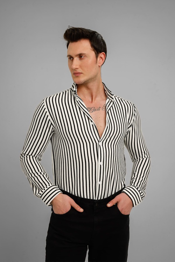 MARINA Uzun Kollu Çizgili Gömlek - Beyaz - Decas