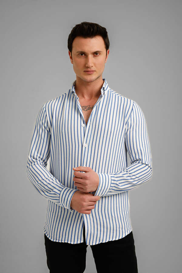 MARINA Uzun Kollu Çizgili Gömlek - Mavi - Decas