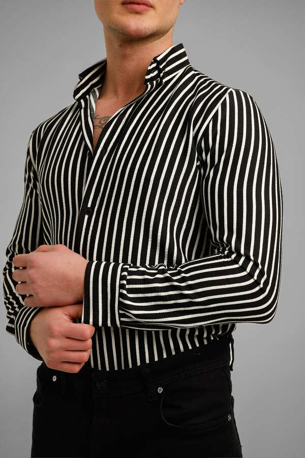 MARINA Uzun Kollu Çizgili Gömlek - Siyah - Decas (1)