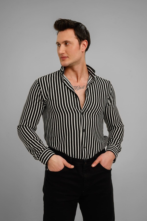 MARINA Uzun Kollu Çizgili Gömlek - Siyah - Decas