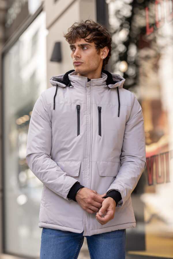 MEGA Su Geçirmez Dik Yaka Kürklü Kapüşonlu Erkek Mont - Beyaz - Decas