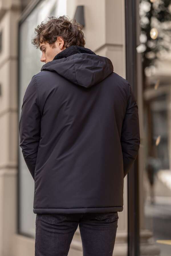 MEGA Su Geçirmez Dik Yaka Kürklü Kapüşonlu Erkek Mont - Lacivert - Decas (1)