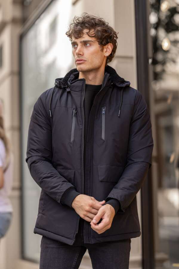 MEGA Su Geçirmez Dik Yaka Kürklü Kapüşonlu Erkek Mont - Lacivert - Decas