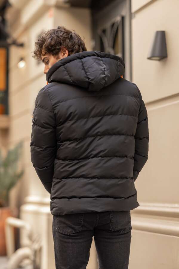 MOMENTUM Su Geçirmez Dik Yaka Kürklü Kapüşonlu Erkek Şişme Mont - Siyah - Decas (1)