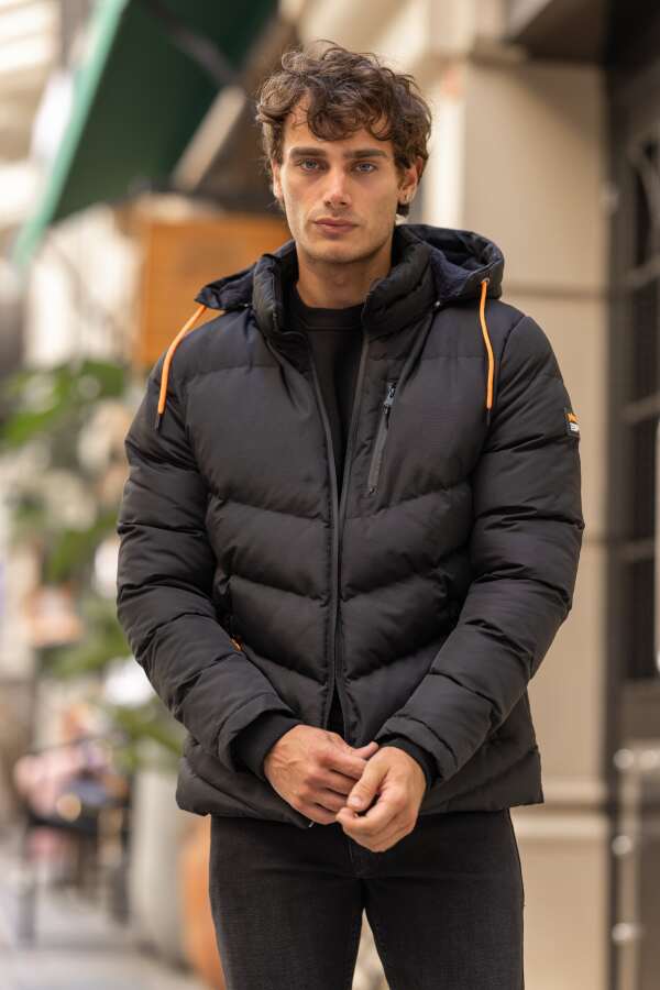 MOMENTUM Su Geçirmez Dik Yaka Kürklü Kapüşonlu Erkek Şişme Mont - Siyah - Decas