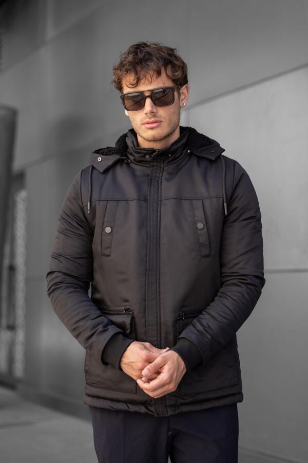 MONTANO Su Geçirmez Kürklü Kapüşonlu Erkek Mont - Siyah - Decas