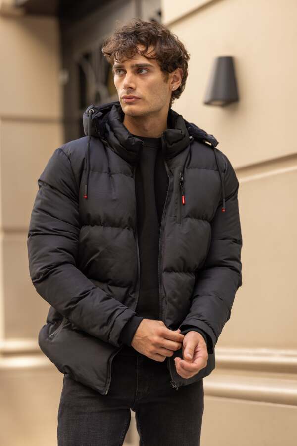 MOUNT Su Geçirmez Kürklü Kapüşonlu Erkek Şişme Mont - Siyah - Decas