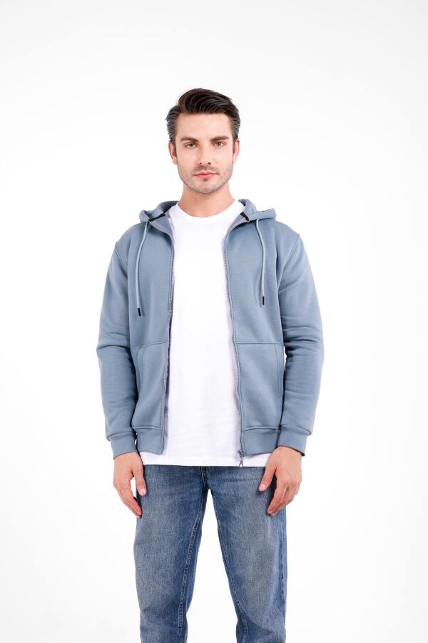 NİX 3 İplik Şardonlu Fermuarlı Kapüşonlu Sweat - Mavi - Decas