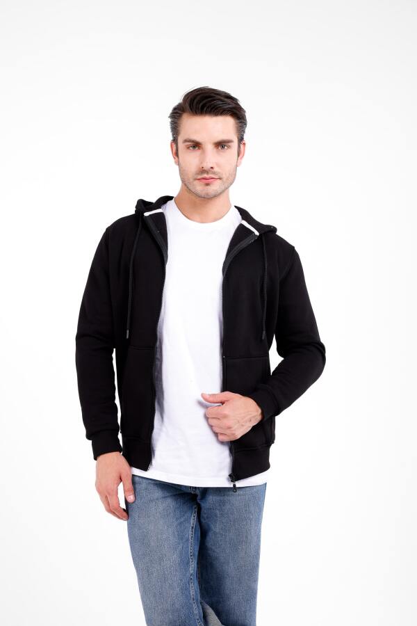 NİX 3 İplik Şardonlu Fermuarlı Kapüşonlu Sweat - Siyah - Decas (1)