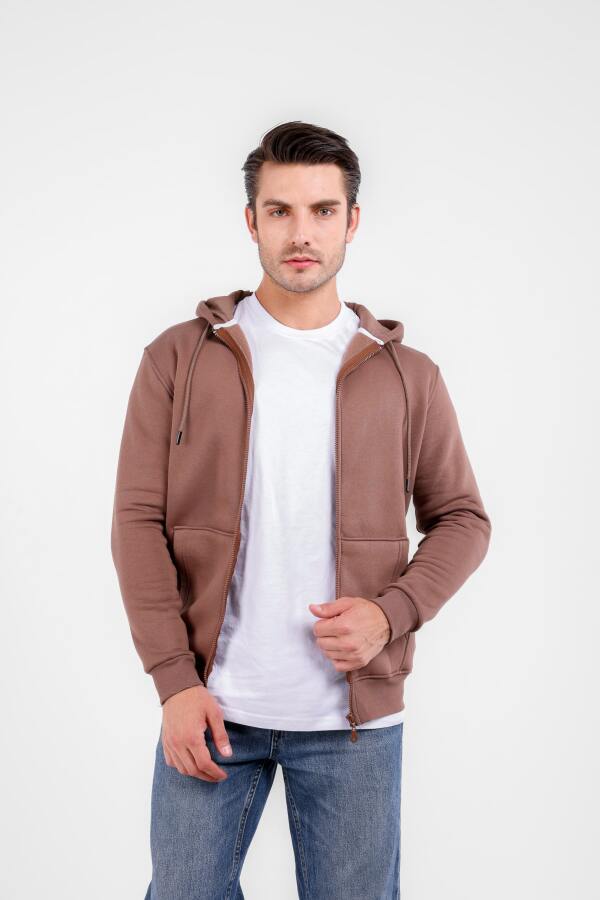 NİX 3 İplik Şardonlu Fermuarlı Kapüşonlu Sweat - Taba - Decas (1)