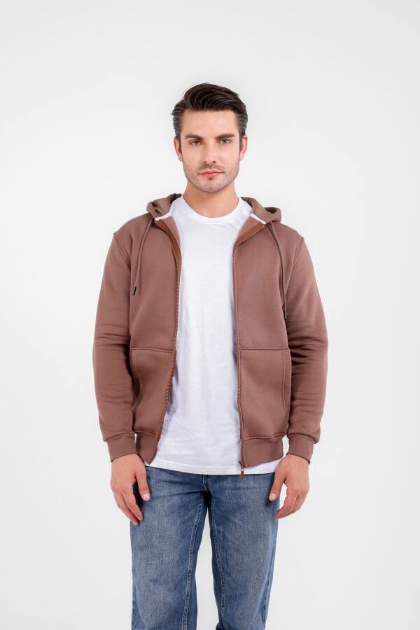 NİX 3 İplik Şardonlu Fermuarlı Kapüşonlu Sweat - Taba - Decas