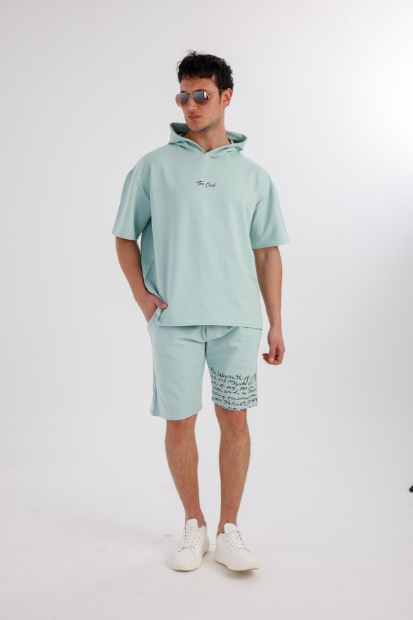 OCEANO Kapüşonlu Sweatshirt & Şort Takım - Açık Yeşil - Decas