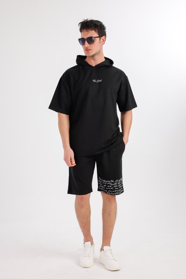 OCEANO Kapüşonlu Sweatshirt & Şort Takım - Siyah - Decas