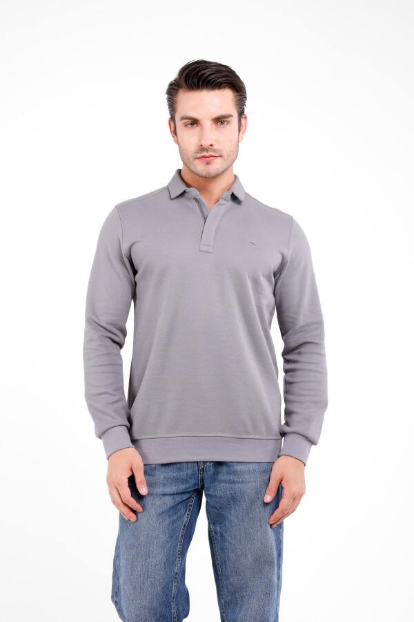 PALLİ Yaka Fermuarlı Uzun Kol Kazak - Gri - Decas