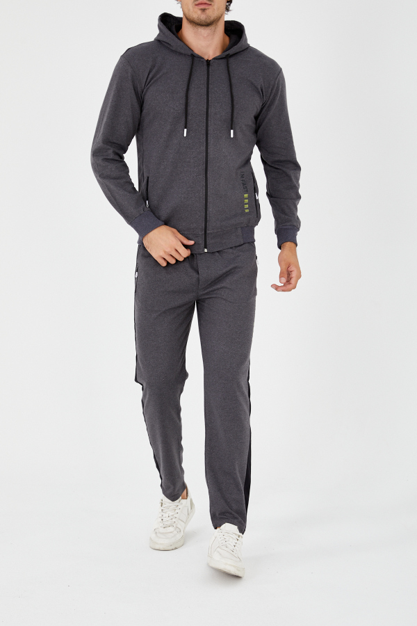 PANTS Düz Paça Fermuarlı Kapşonlu Eşofman Takım - Füme - Decas