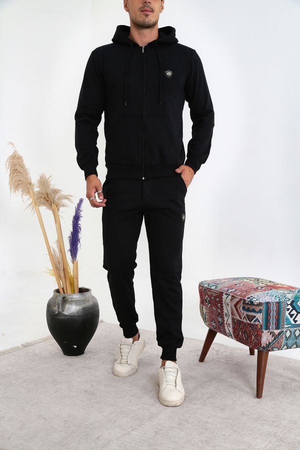 PİTCHER 3 İplik Fermuarlı Kanguru Cep Eşofman Takım - Siyah - Decas