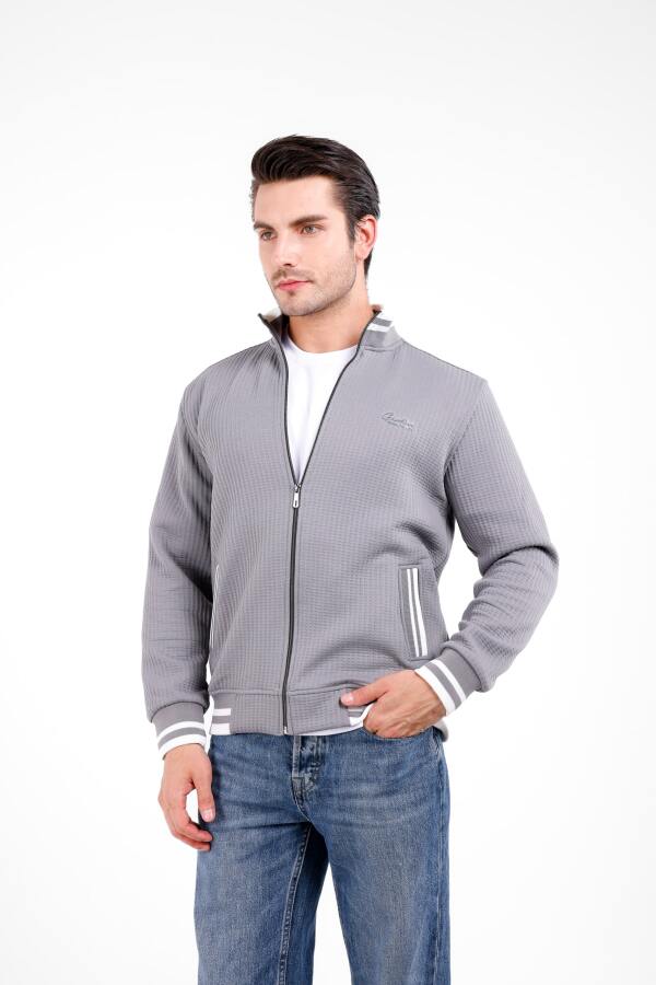 PROO Gofre Dik Yaka Fermuarlı Hırka - Gri - Decas