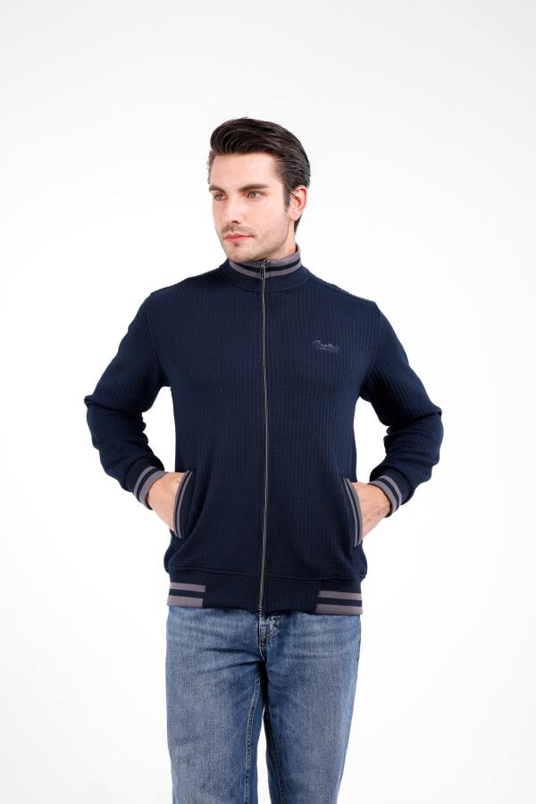 PROO Gofre Dik Yaka Fermuarlı Hırka - Lacivert - Decas (1)