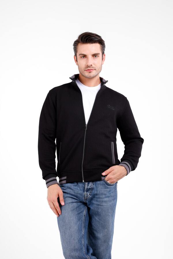 PROO Gofre Dik Yaka Fermuarlı Hırka - Siyah - Decas (1)