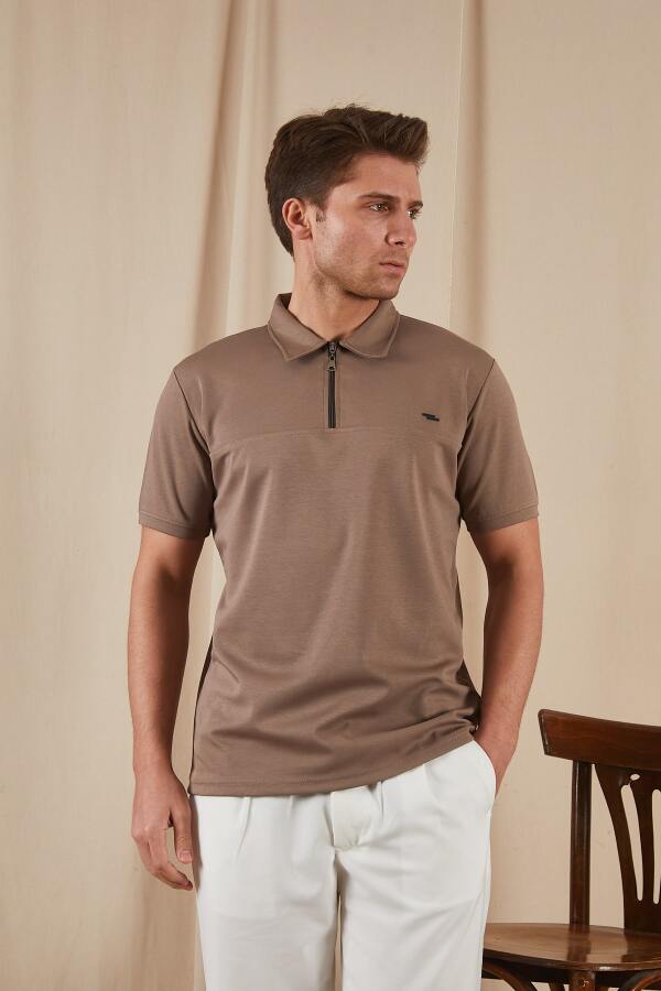 PULSUS Fermuar Detaylı Polo Yaka Tişört - Kahverengi - Decas