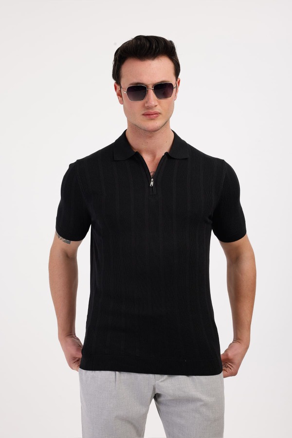 PURA Polo Yaka Pamuklu Tişört - Siyah - Decas