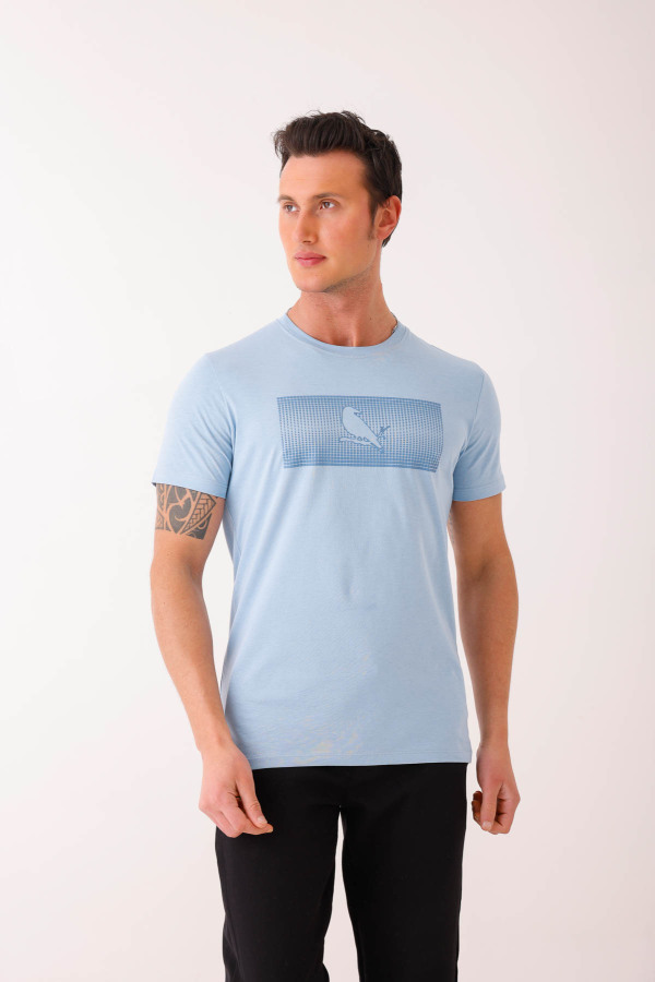 SOLEMNIS Slim Fit Baskılı Basic Tişört - Açık Mavi - Decas