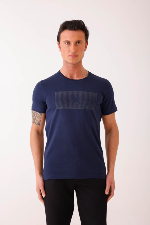 SOLEMNIS Slim Fit Baskılı Basic Tişört - Lacivert - Decas