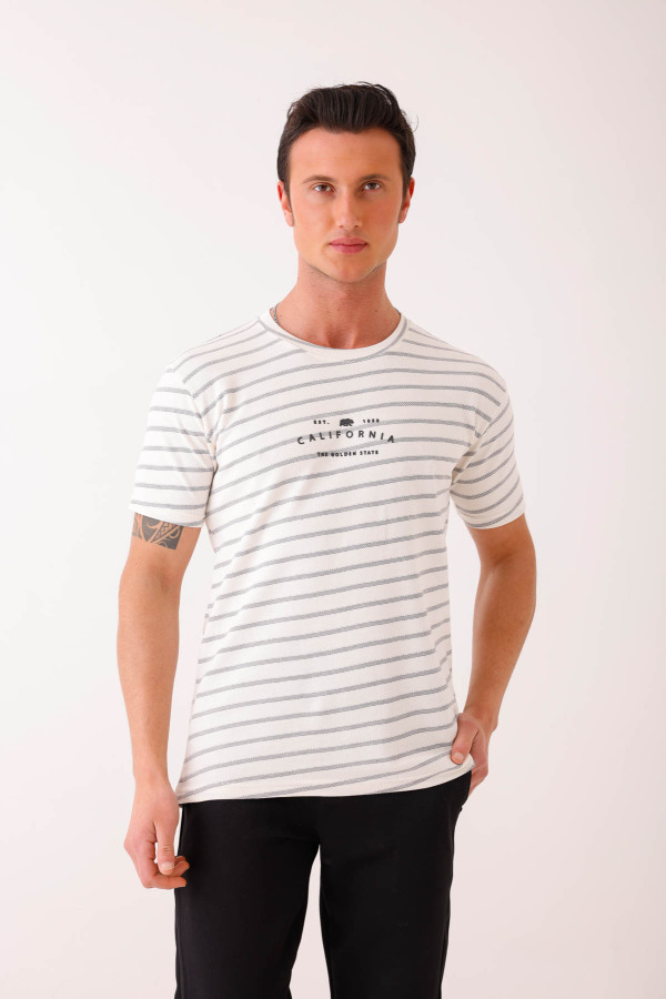 SOLVENIS Slim Fit Baskılı Bisiklet Yaka Tişört - Beyaz - Decas