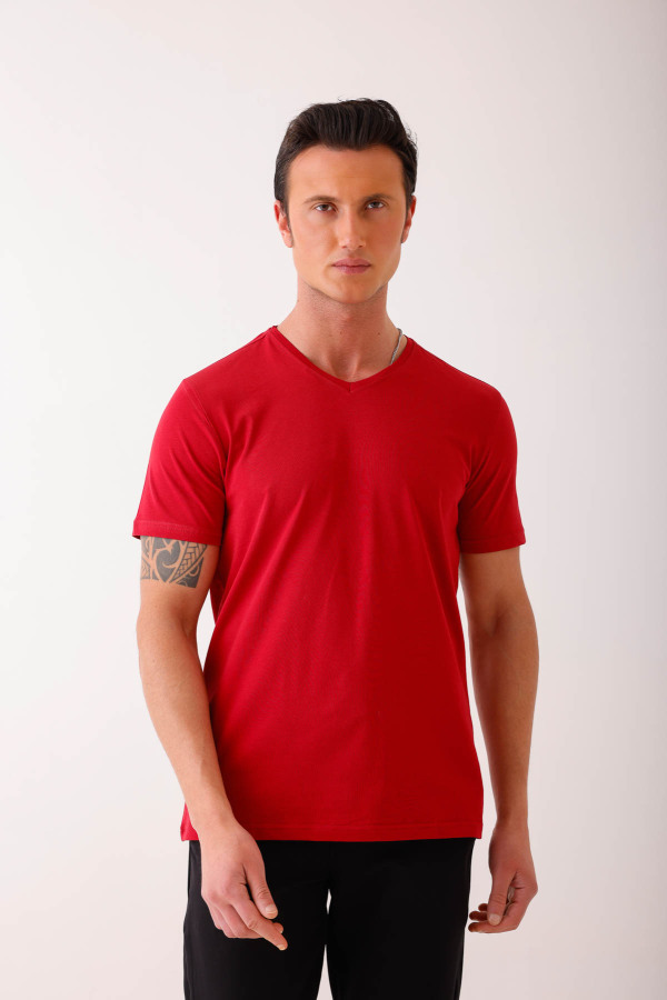 SPIRA V Yaka Basic Tişört - Kırmızı - Decas
