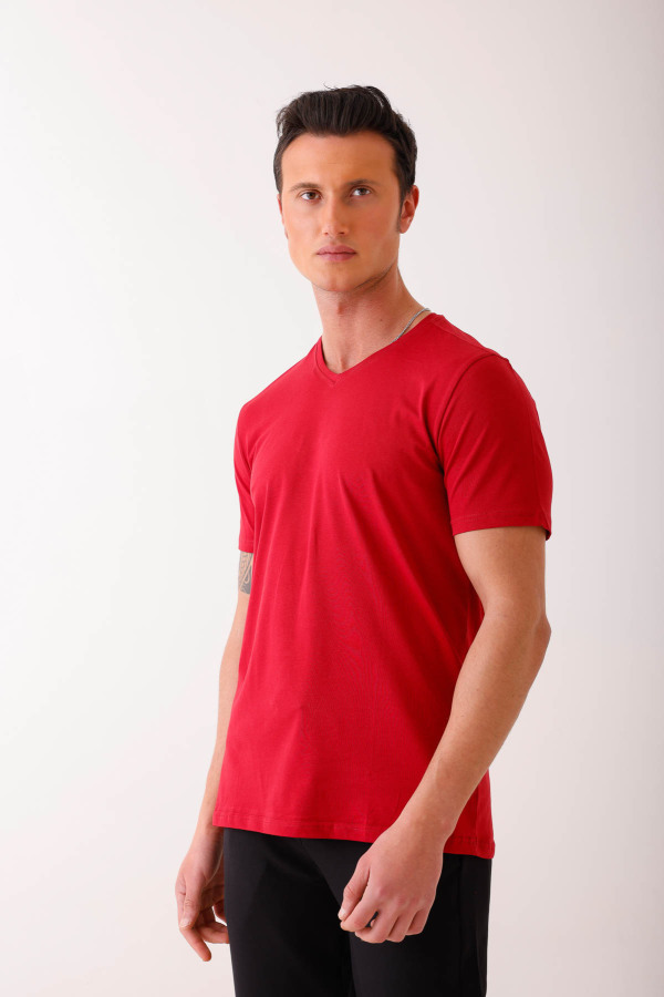 SPIRA V Yaka Basic Tişört - Kırmızı - Decas (1)