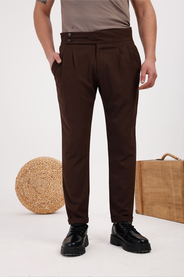 TERRALIS Düğme ve Kemer Detaylı Kumaş Pantolon - Kahverengi - Decas
