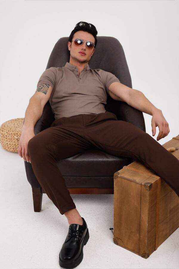 TERRALIS Düğme ve Kemer Detaylı Kumaş Pantolon - Kahverengi - Decas (1)