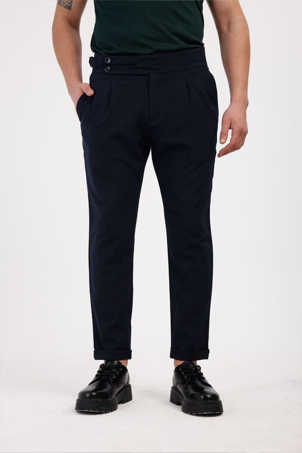 TERRALIS Düğme ve Kemer Detaylı Kumaş Pantolon - Lacivert - Decas