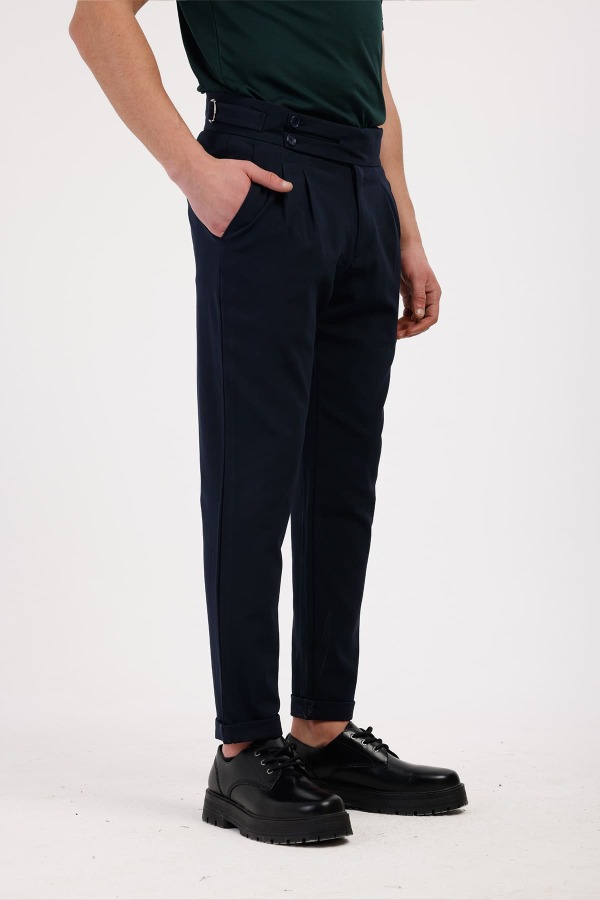 TERRALIS Düğme ve Kemer Detaylı Kumaş Pantolon - Lacivert - Decas (1)