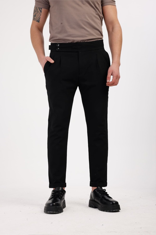 TERRALIS Düğme ve Kemer Detaylı Kumaş Pantolon - Siyah - Decas