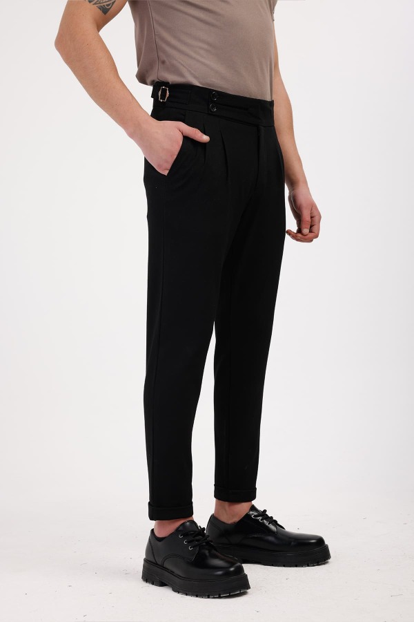 TERRALIS Düğme ve Kemer Detaylı Kumaş Pantolon - Siyah - Decas (1)