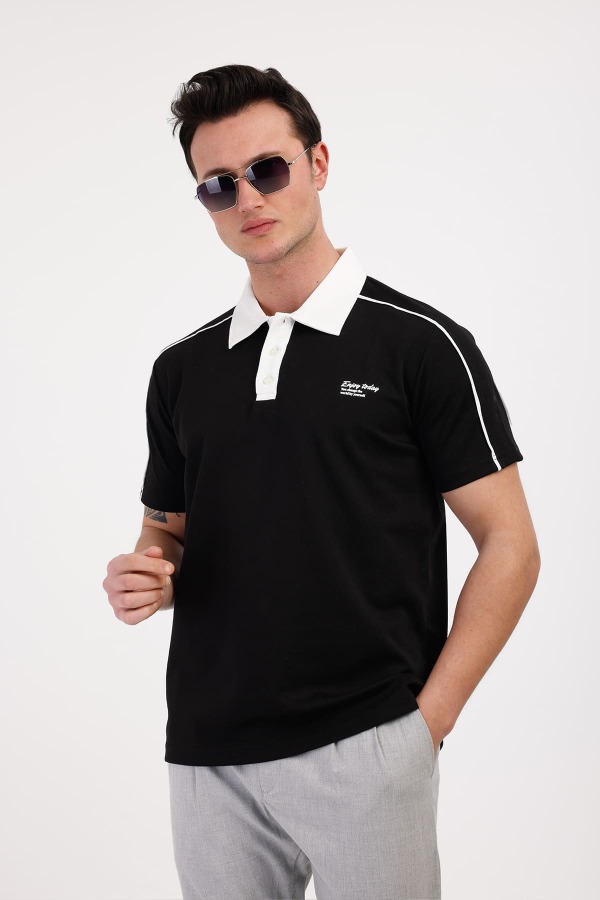 TRENDY Polo Yaka Pamuklu Tişört - Siyah - Decas (1)