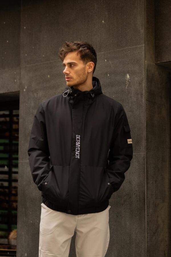 YARN İçi Astarlı Suya Dayanıklı Kapşonlu Fermuarlı Yağmurluk - Siyah - Decas